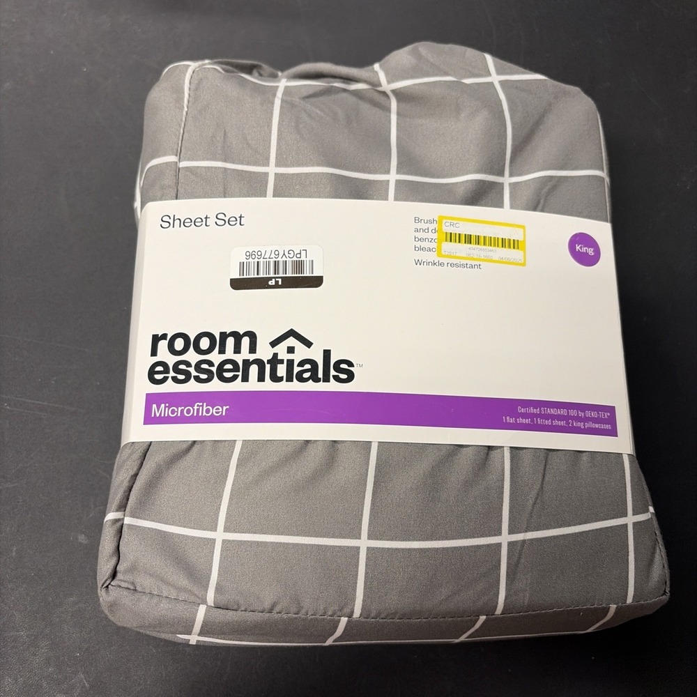 Room Essentials KING Microfiber Wrinkle Resistant Sheet Set Gray W/ Stripes 504